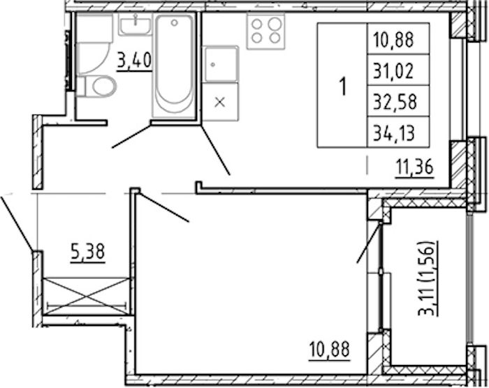1-комнатная квартира 31.02 м², 10/12 эт., ЖК «Полис Новоселье»